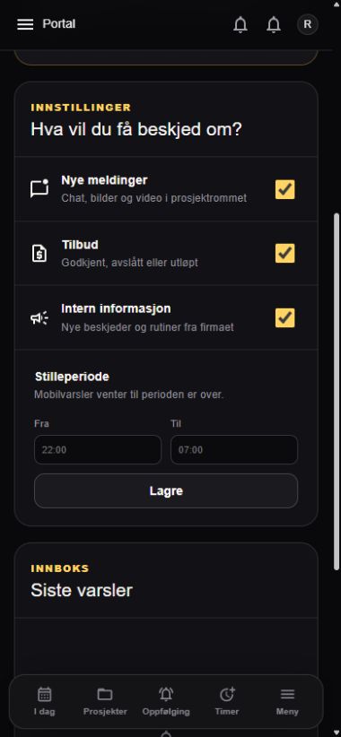 Colliqra mobilportal med varslingsinnstillinger og bunnmeny