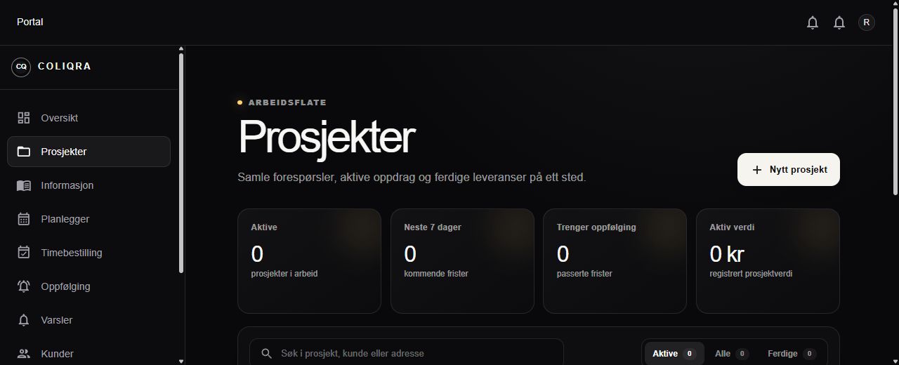 Colliqra prosjektoversikt på desktop med prosjektnavigasjon og nøkkeltall